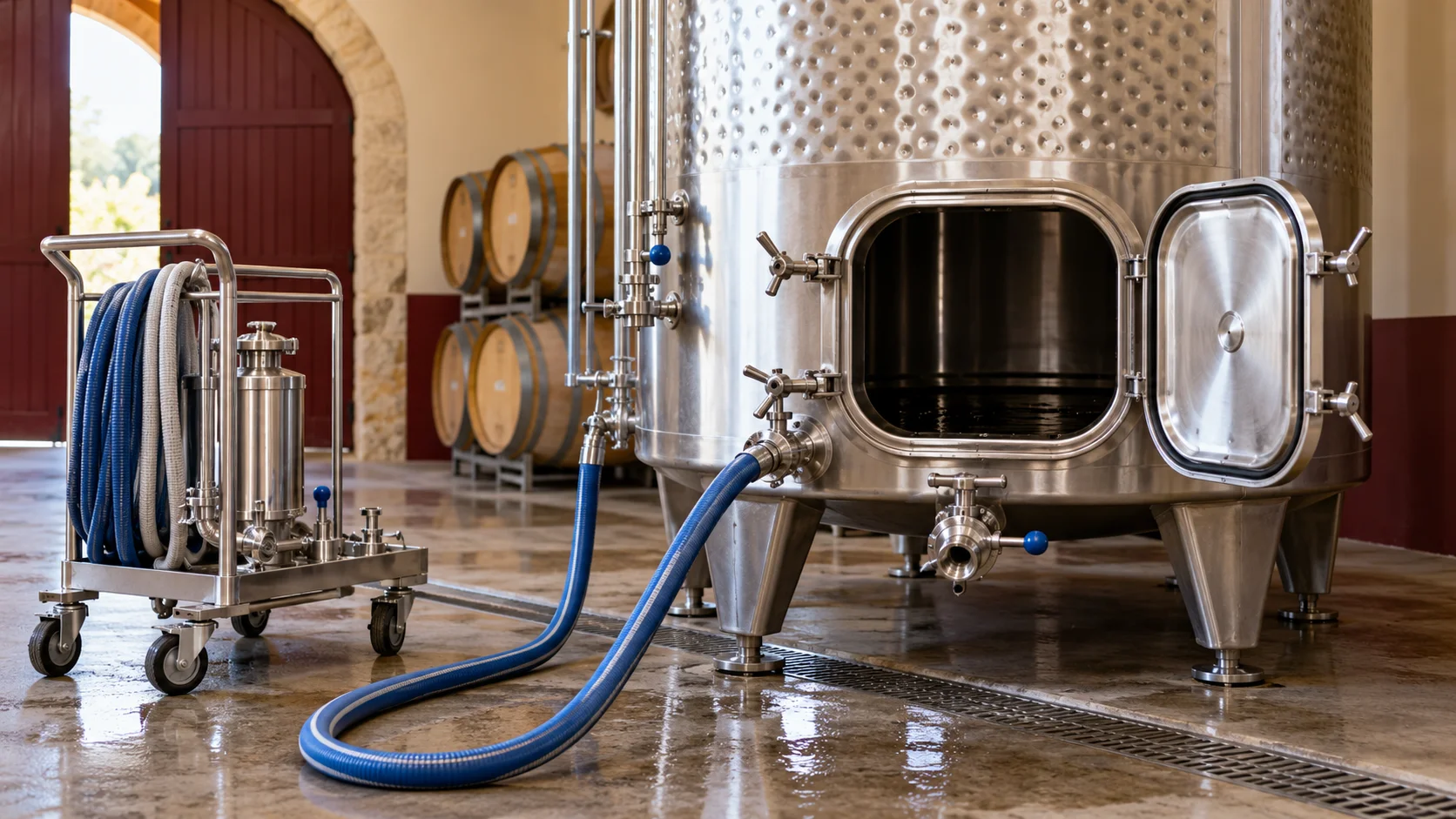 Stainless steel wine tank with an open manway, blue hoses and a mobile cleaning cart in a cellar