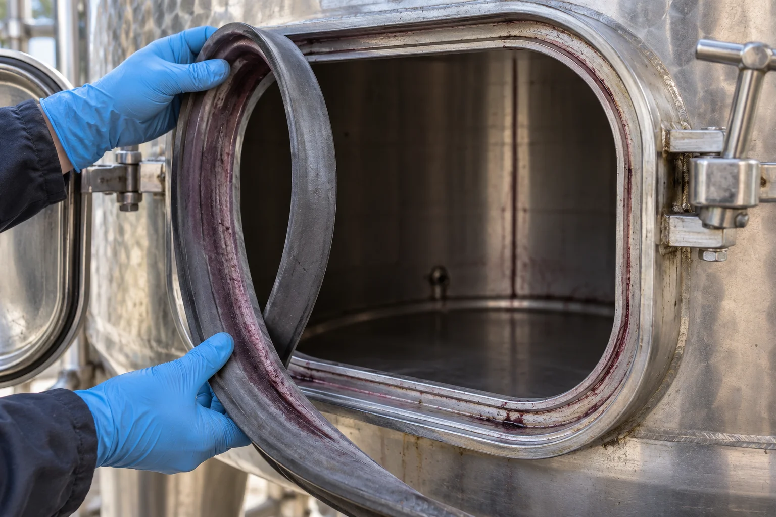 Gloved hands lifting a dark gasket away from a stainless steel tank manway to expose its groove