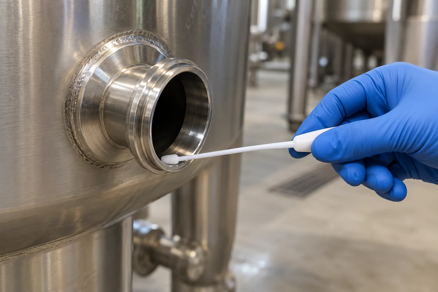 A gloved hand holding an ATP sampling swab against the inner lower lip of a stainless steel tank outlet